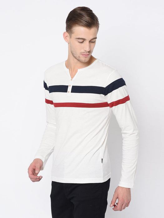 Contrast Detailing Patch Henley Neck Cotton Full Sleeve T-Shirt