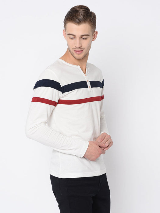 Contrast Detailing Patch Henley Neck Cotton Full Sleeve T-Shirt