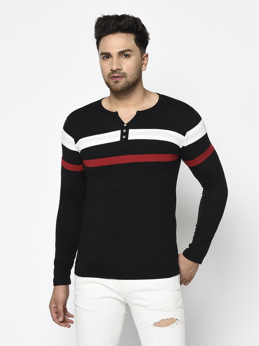 Contrast Detailing Patch Henley Neck Cotton Full Sleeve T-Shirt