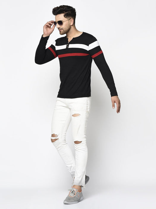 Contrast Detailing Patch Henley Neck Cotton Full Sleeve T-Shirt