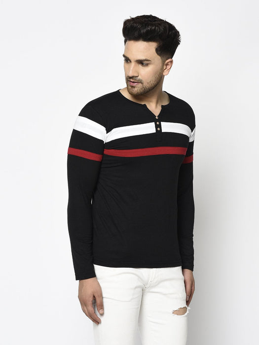 Contrast Detailing Patch Henley Neck Cotton Full Sleeve T-Shirt