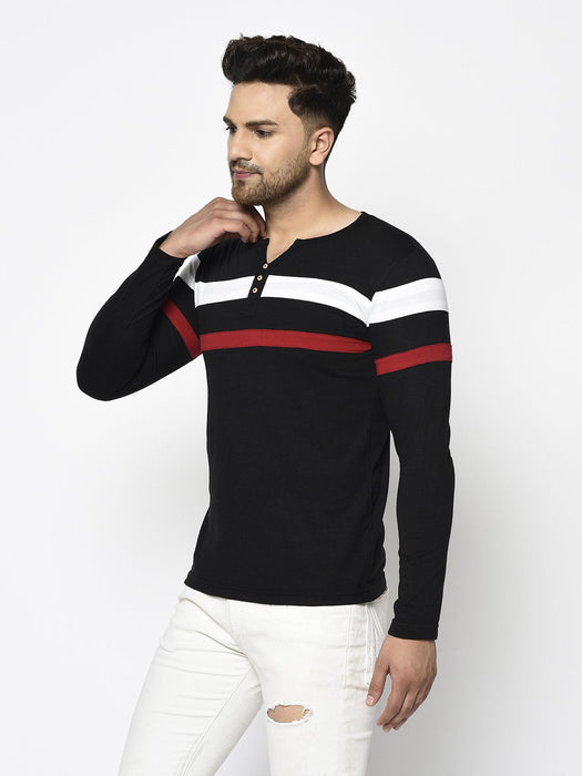 Contrast Detailing Patch Henley Neck Cotton Full Sleeve T-Shirt