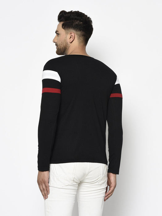 Contrast Detailing Patch Henley Neck Cotton Full Sleeve T-Shirt