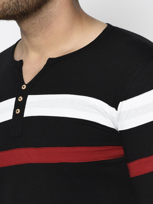 Contrast Detailing Patch Henley Neck Cotton Full Sleeve T-Shirt