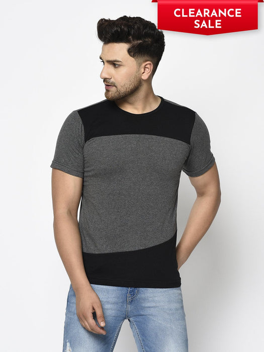 Charcoal Black Color Block Round Neck Cotton Half Sleeve T-shirt