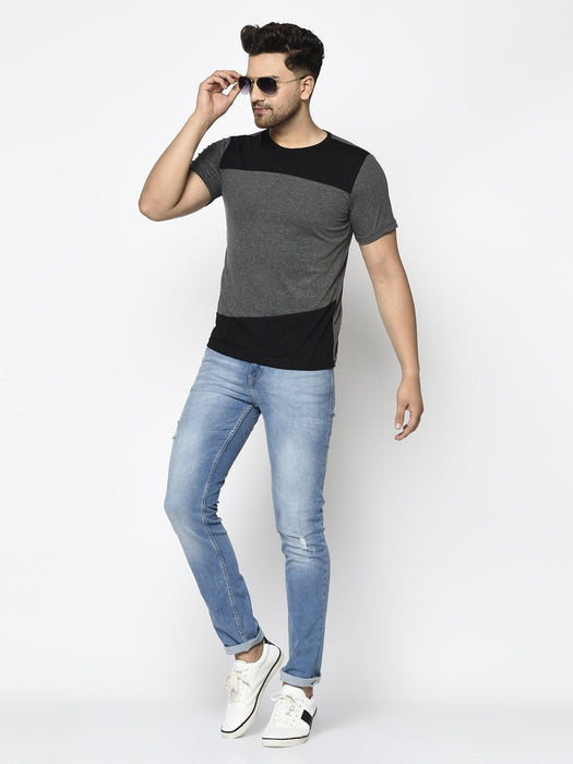 Charcoal Black Color Block Round Neck Cotton Half Sleeve T-shirt