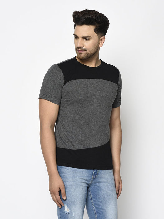 Charcoal Black Color Block Round Neck Cotton Half Sleeve T-shirt