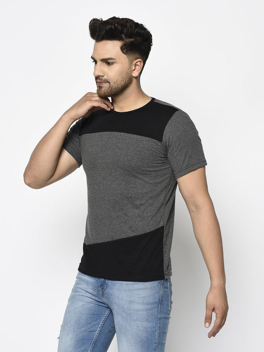 Charcoal Black Color Block Round Neck Cotton Half Sleeve T-shirt