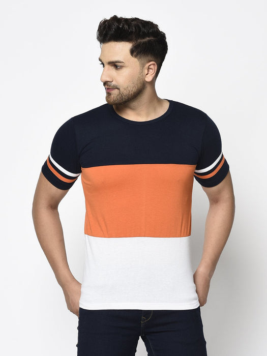 Navy Orange White Color Block With Contrast Detailing Round Neck Cotton Half Sleeve T-Shirt