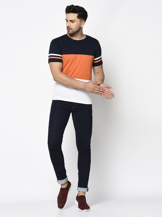 Navy Orange White Color Block With Contrast Detailing Round Neck Cotton Half Sleeve T-Shirt