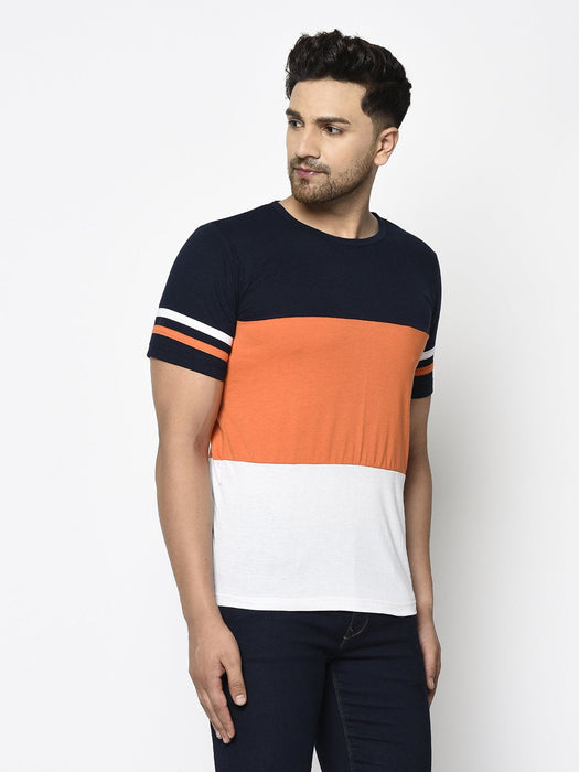 Navy Orange White Color Block With Contrast Detailing Round Neck Cotton Half Sleeve T-Shirt