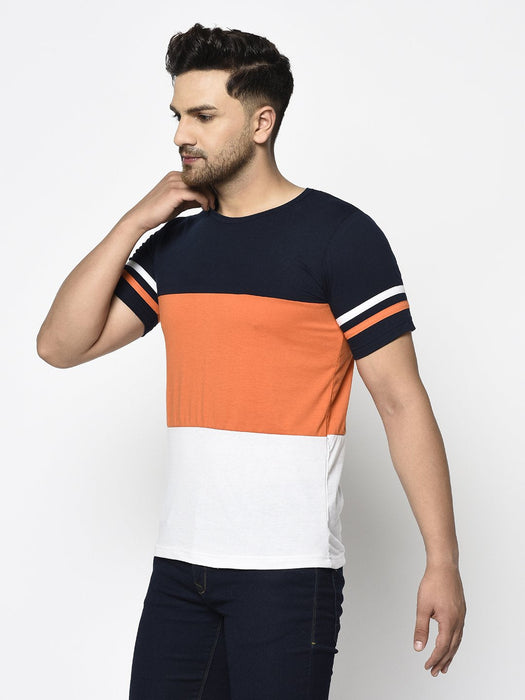 Navy Orange White Color Block With Contrast Detailing Round Neck Cotton Half Sleeve T-Shirt