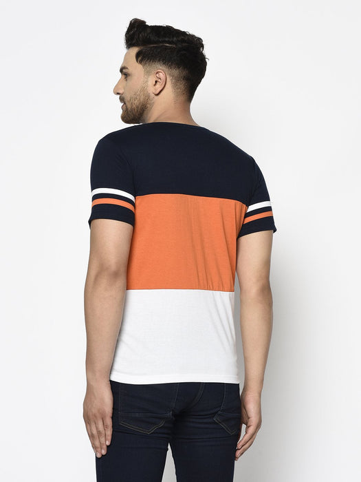 Navy Orange White Color Block With Contrast Detailing Round Neck Cotton Half Sleeve T-Shirt