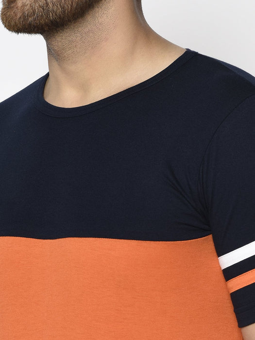 Navy Orange White Color Block With Contrast Detailing Round Neck Cotton Half Sleeve T-Shirt