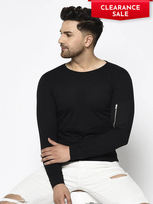 Black Zip Patch Pocket On Sleeve Round Neck T-Shirt