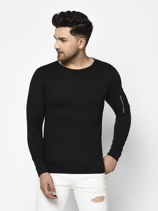 Black Zip Patch Pocket On Sleeve Round Neck T-Shirt