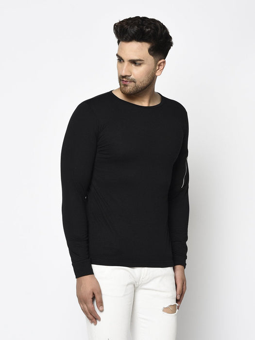 Black Zip Patch Pocket On Sleeve Round Neck T-Shirt