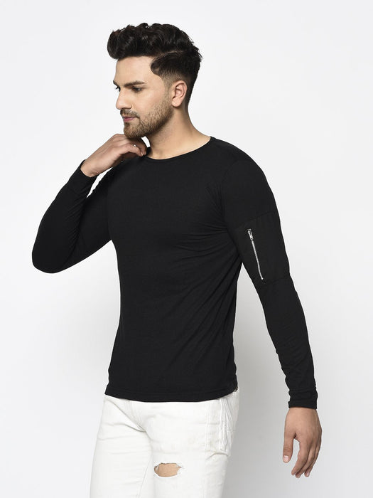 Black Zip Patch Pocket On Sleeve Round Neck T-Shirt