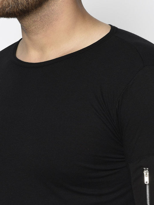 Black Zip Patch Pocket On Sleeve Round Neck T-Shirt