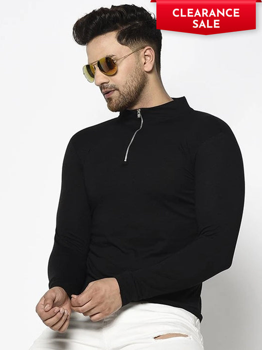 Black High Neck With Zip Cotton Full Sleeve T-Shirt