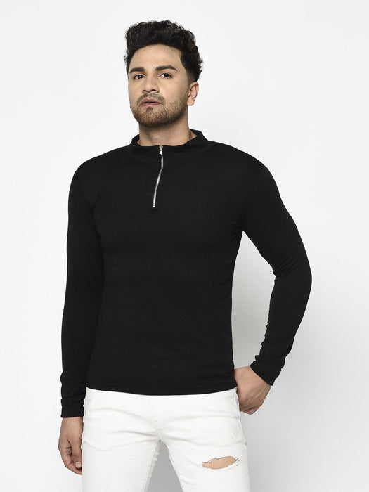 Black High Neck With Zip Cotton Full Sleeve T-Shirt