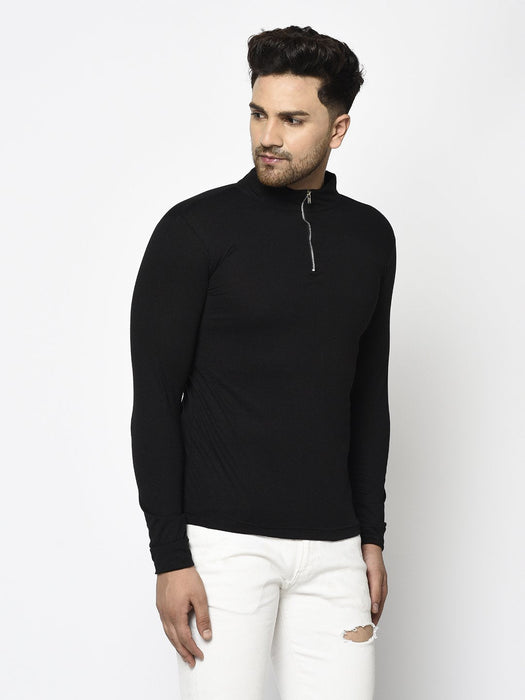 Black High Neck With Zip Cotton Full Sleeve T-Shirt