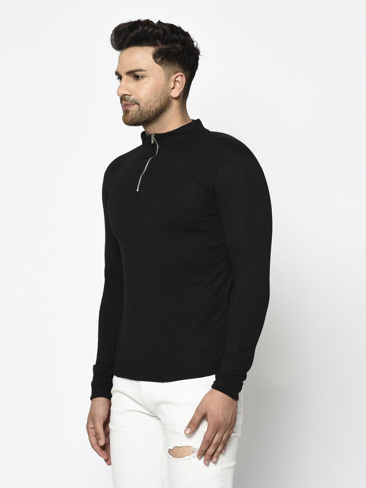 Black High Neck With Zip Cotton Full Sleeve T-Shirt