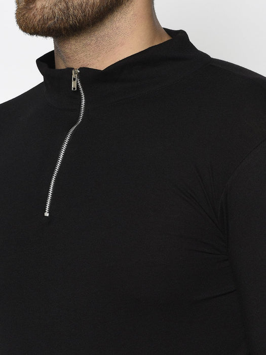 Black High Neck With Zip Cotton Full Sleeve T-Shirt