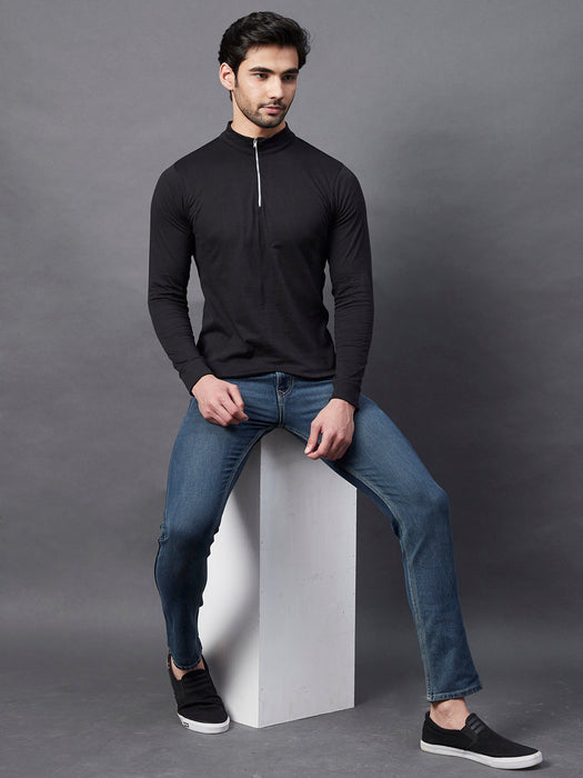 Black Zip Neck Full Sleeve Cotton T-Shirt