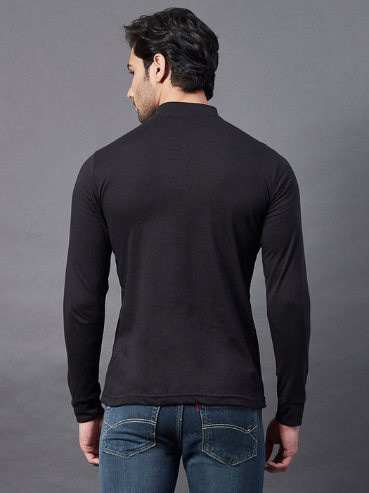 Black Zip Neck Full Sleeve Cotton T-Shirt