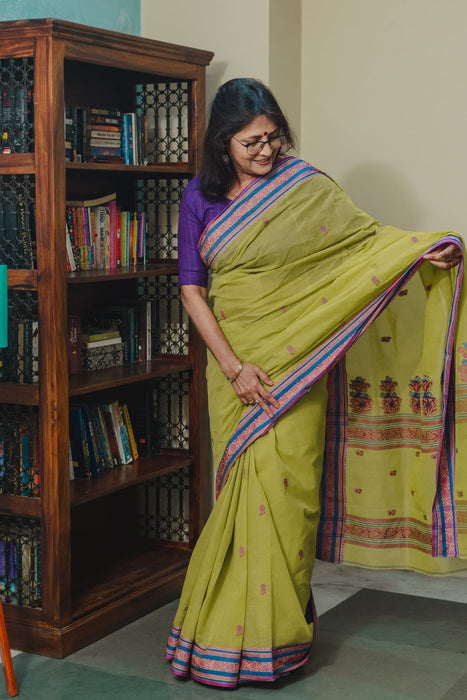 Taant Cotton Saree - Lime Green