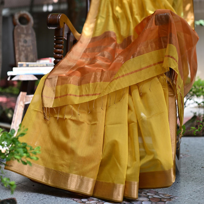 Maheshwari Cotton Silk Saree - Orange Mustard