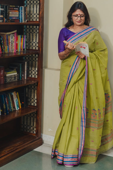 Taant Cotton Saree - Lime Green