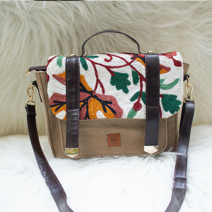 Maple Hand Embroidery Suede Satchel Sling Bag