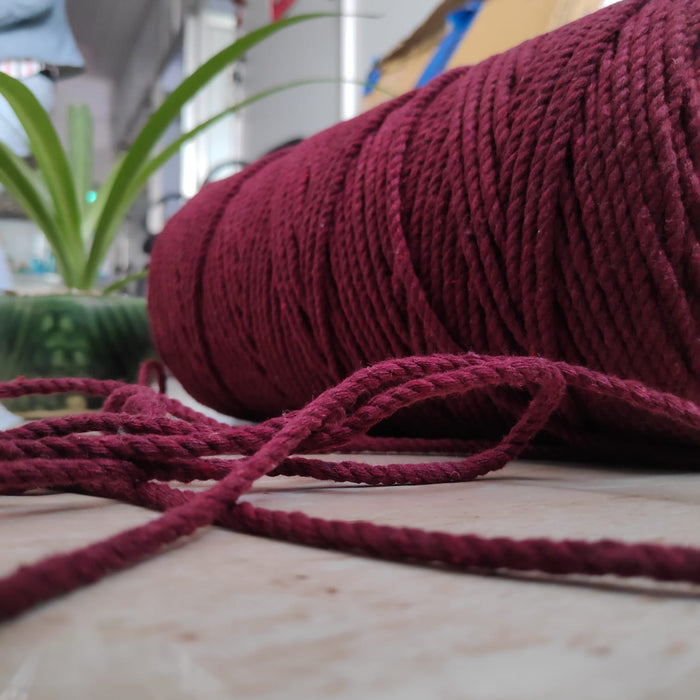 Twisted 3Mm, 3 Ply Cotton Macrame Cord (Maroon) 100 Mtrs