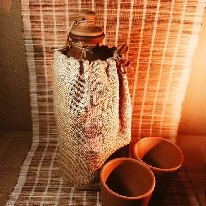 Wooden Terracotta "Matka" Water Bottle With Jute Jacket