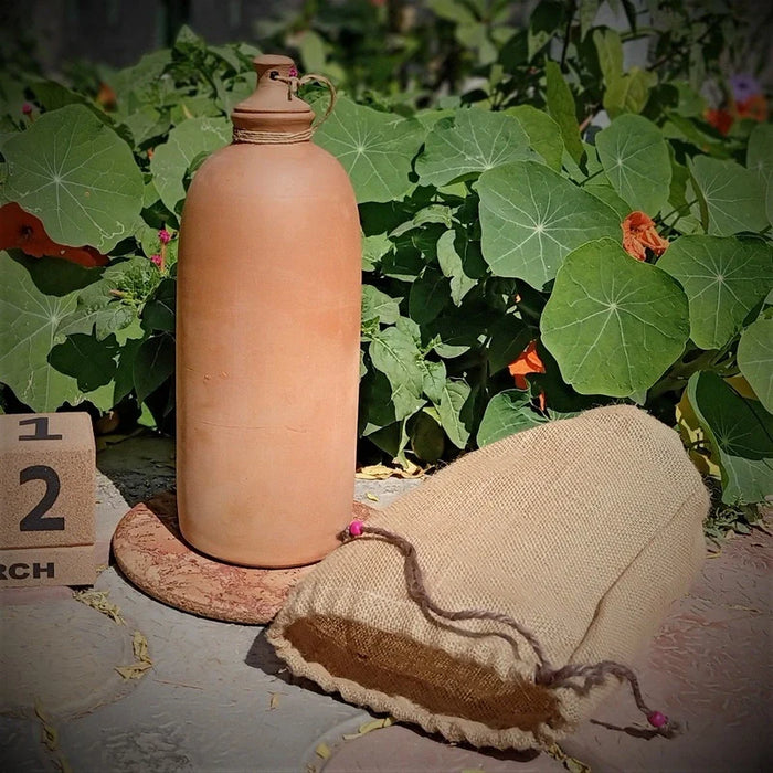 Wooden Terracotta "Matka" Water Bottle With Jute Jacket