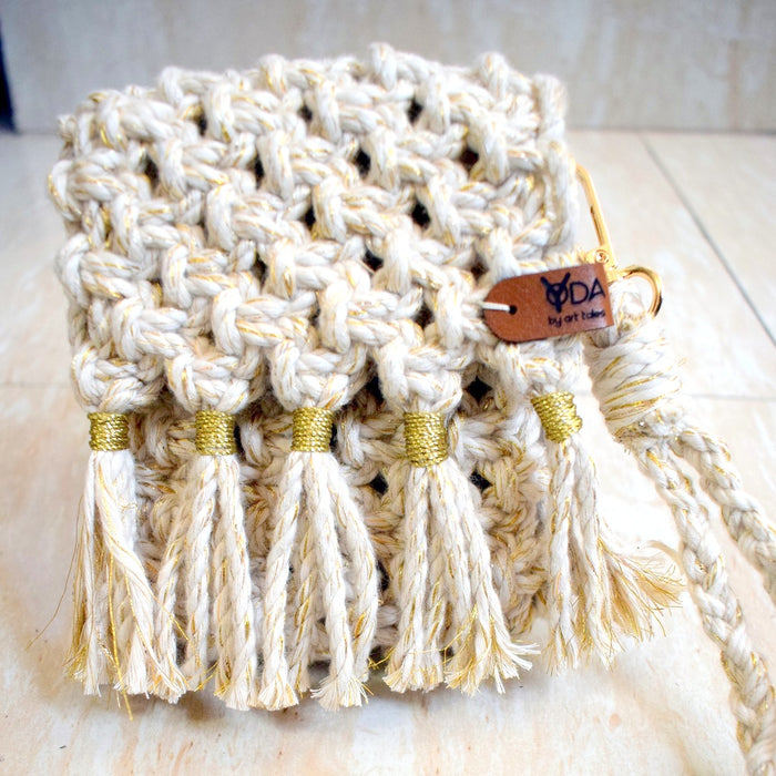 Handmade Macrame Mini Card Wallet Golden And White