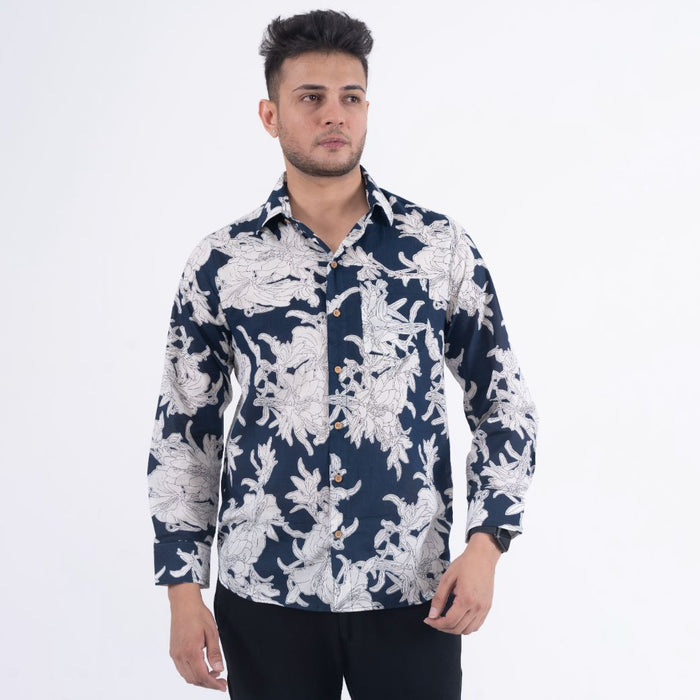 Navy Blue Beach Flower Casual Shirt