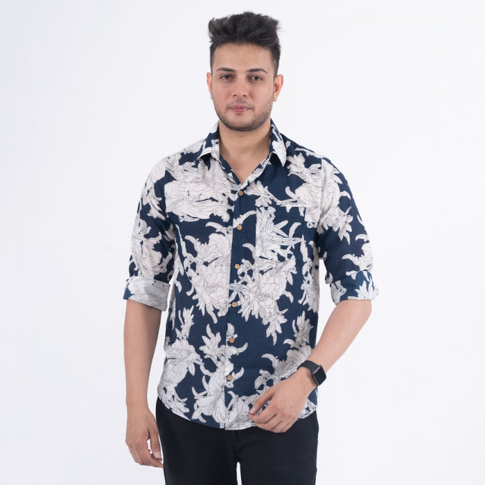 Navy Blue Beach Flower Casual Shirt