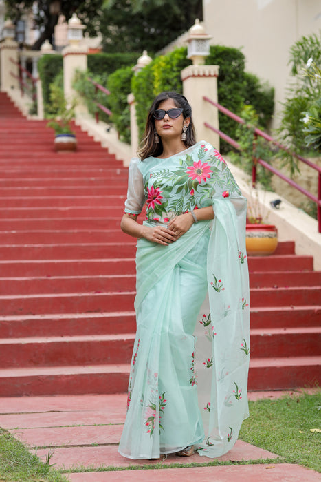 Artistic Garden Whispers (Handpainted Organza Saree)