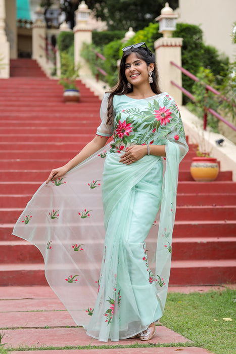 Artistic Garden Whispers (Handpainted Organza Saree)