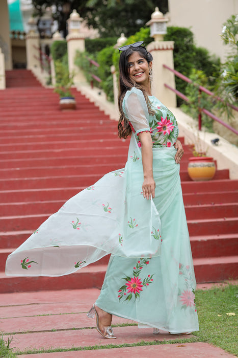 Artistic Garden Whispers (Handpainted Organza Saree)