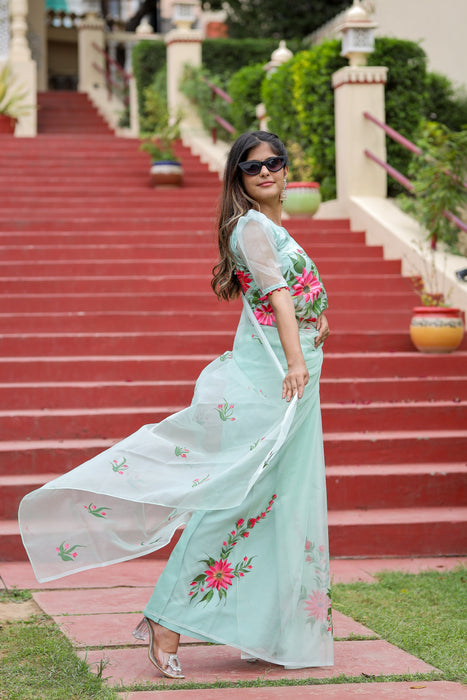 Artistic Garden Whispers (Handpainted Organza Saree)