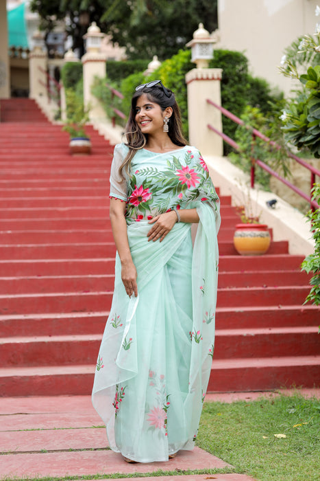 Artistic Garden Whispers (Handpainted Organza Saree)