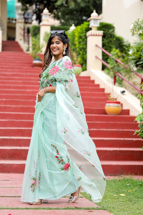 Artistic Garden Whispers (Handpainted Organza Saree)