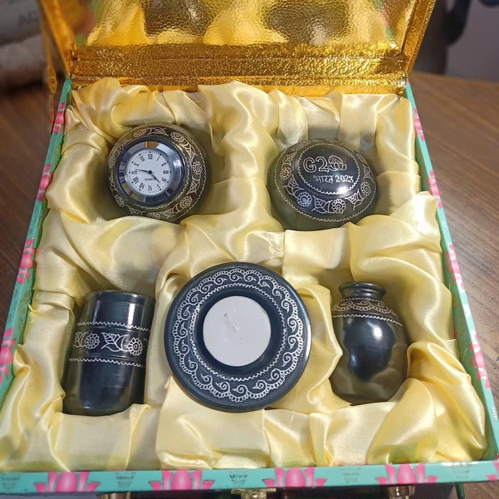 Odop Nizamabad Black Pottery Work Table Accessories Gift Set