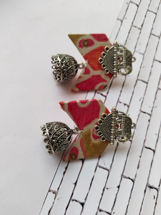 Pink Floral Printed Fabric Elephant Charm Oxidised Jhumka