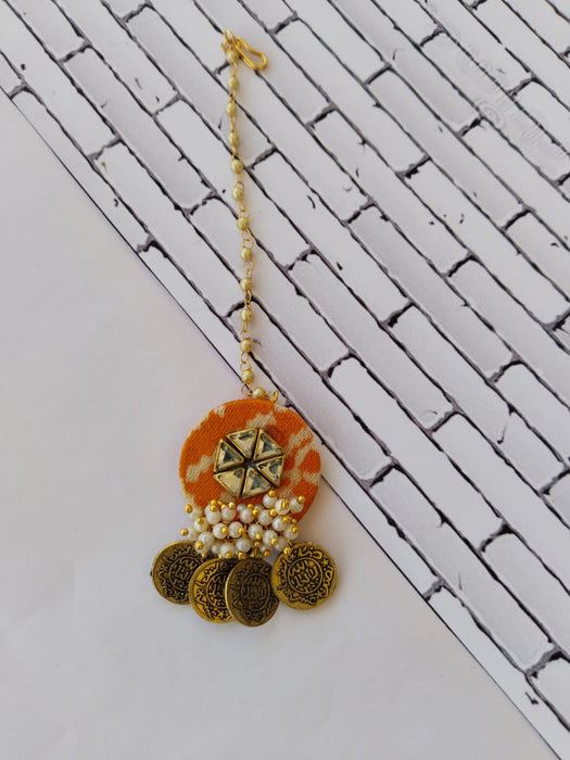 Orange Printed Golden Coin Head Piece Maang Tikka