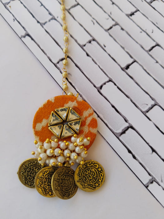 Orange Printed Golden Coin Head Piece Maang Tikka